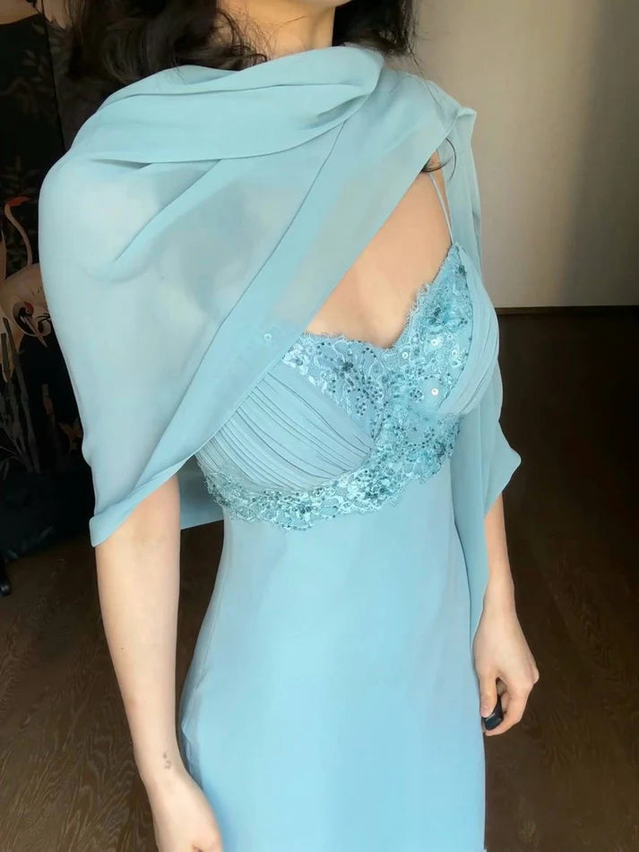 Elegant Sheath Spaghetti Strap Beaded Sequin Blue Chiffon Prom Dress Graduation Prom Dress SH2618