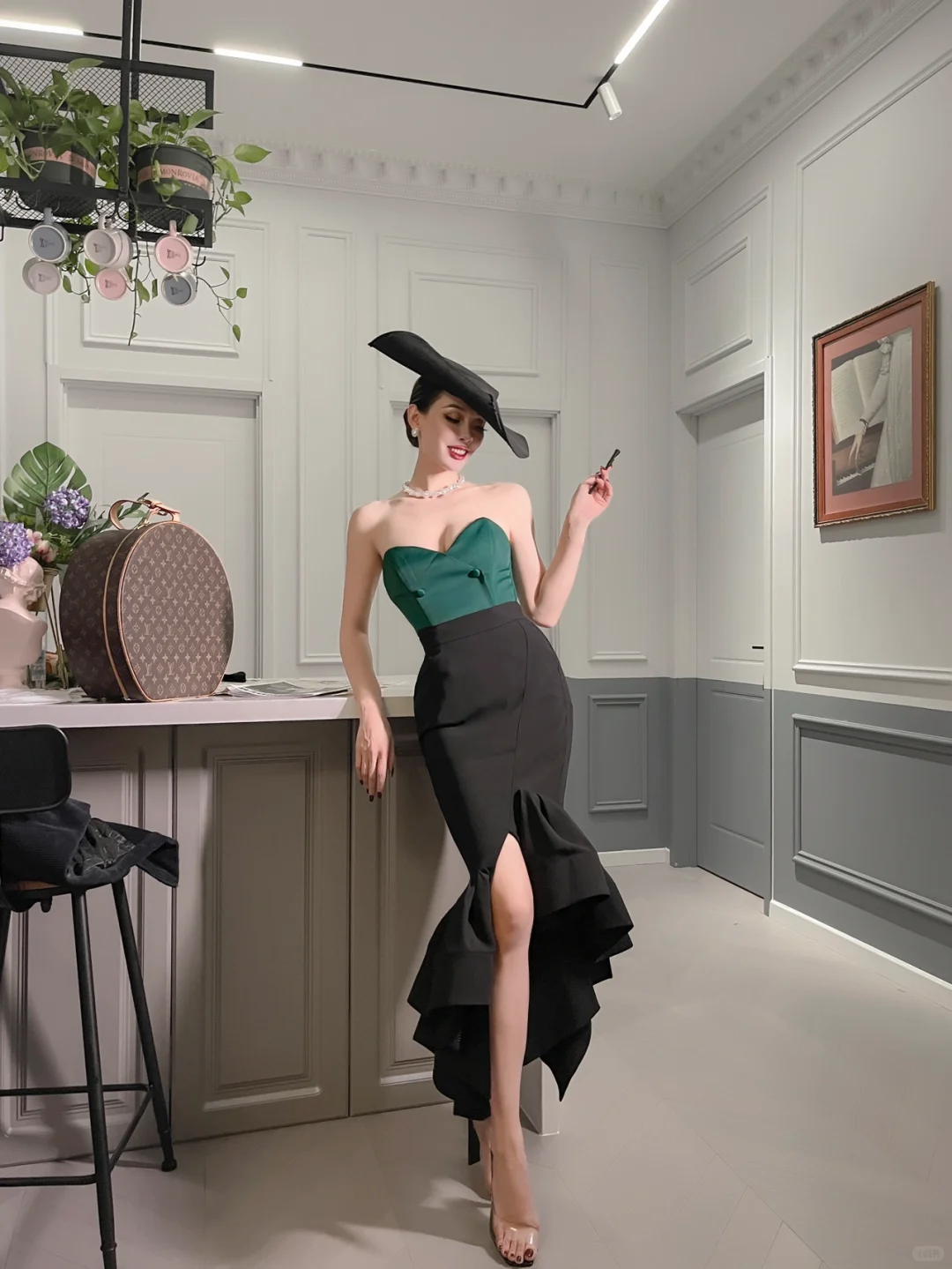 Vintage Mermaid Sweetheart Neck Green Black Satin Prom Dress Evening Dress SH4229
