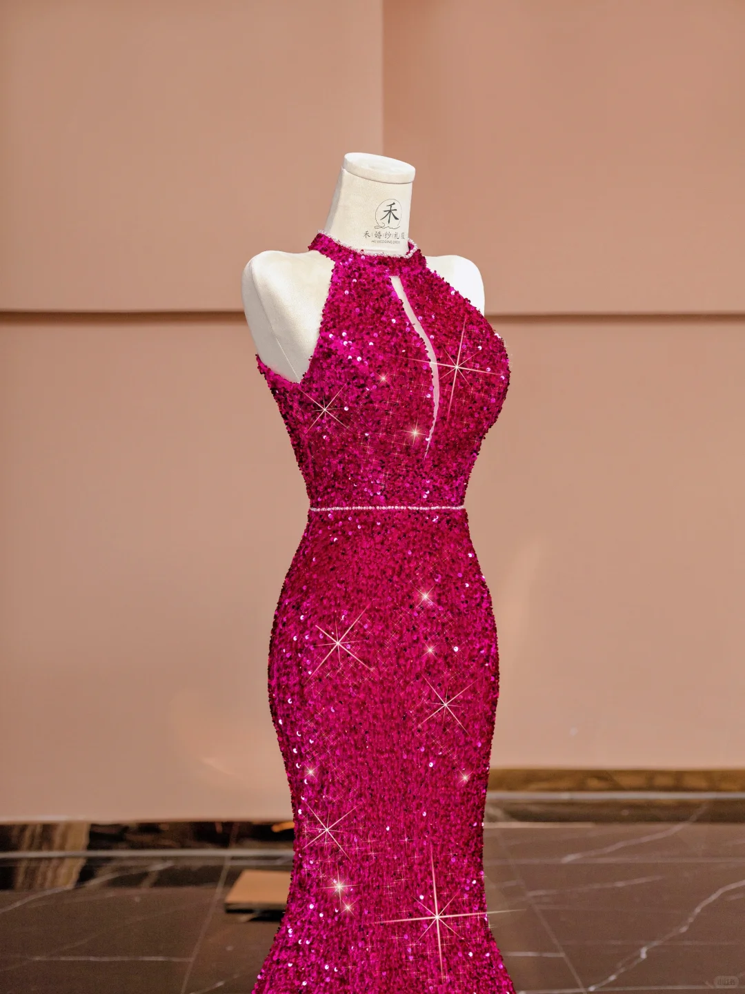 Barbie Pink Mermaid Halter Sequin Open Back Long Prom Dress Party Dress SH4363