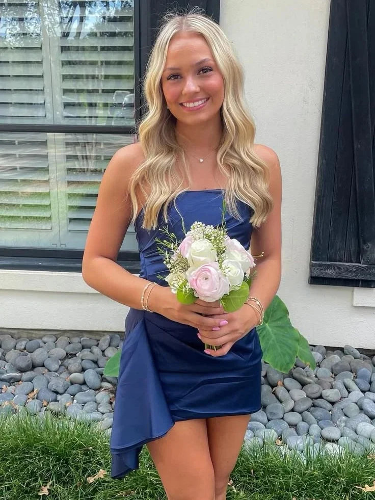 Navy Blue Cute A Line Strapless Satin Short Homecoming Dress SH7463