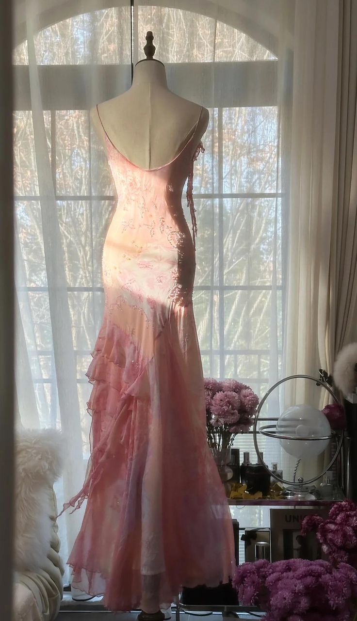 Fairytale Pink Mermaid Spaghetti Strap Beaded Ruffle Chiffon Prom Dress SH2664