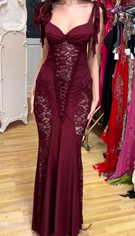 Sexy Black Mermaid Straps Lace Chiffon Long Party Dress Evening Dress Date Dress SH3464