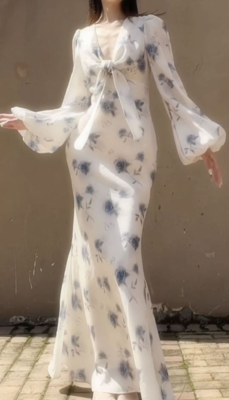 Elegant Mermaid Long Sleeve Blue Floral Chiffon Prom Dress Party Dress Outfits SH4075