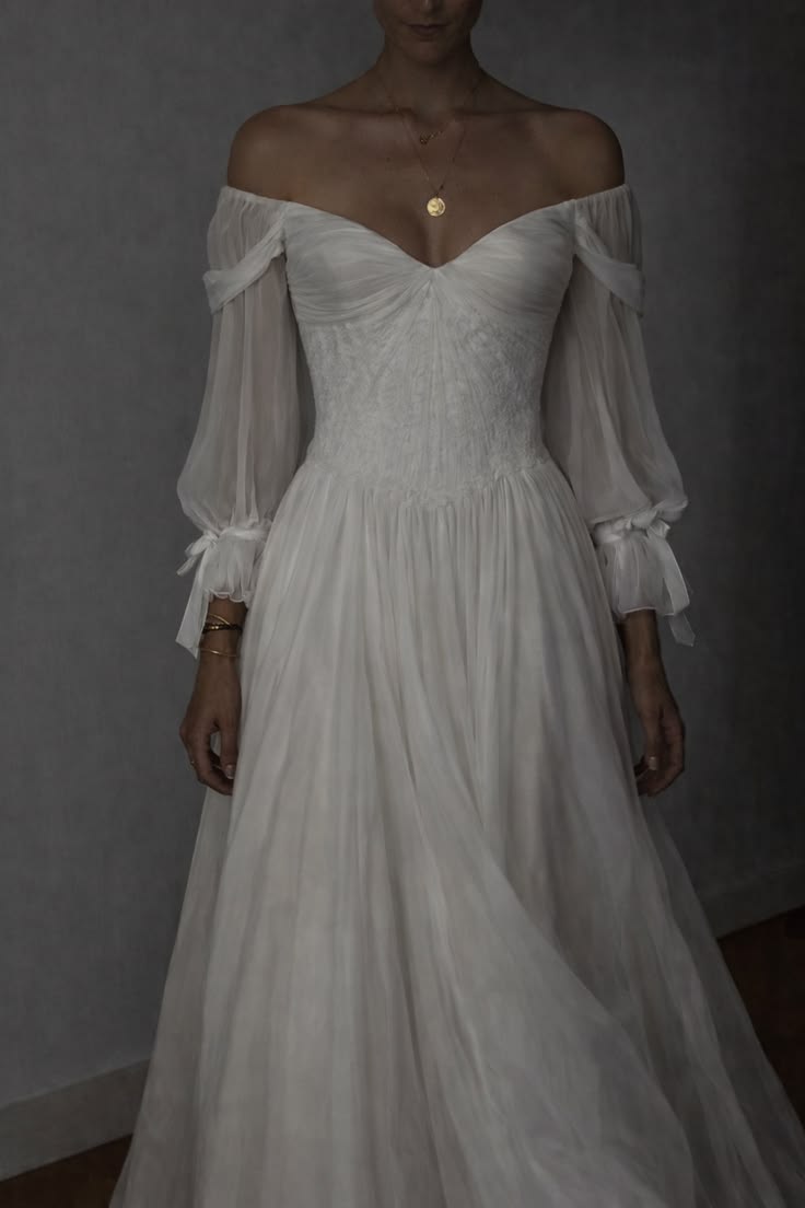 Ethereal A Line Long Sleeve White Pleated Chiffon Prom Dress Wedding Dress SH7080