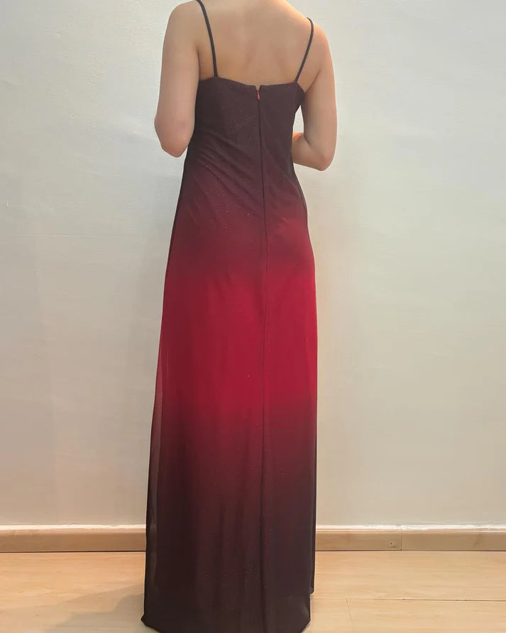 Vintage Black Red Ombre A Line Spaghetti Strap Chiffon Long Prom Dress Party Dress SH4039