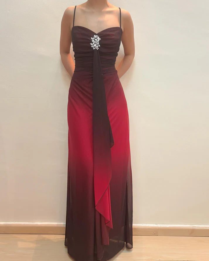 Vintage Black Red Ombre A Line Spaghetti Strap Chiffon Long Prom Dress Party Dress SH4039