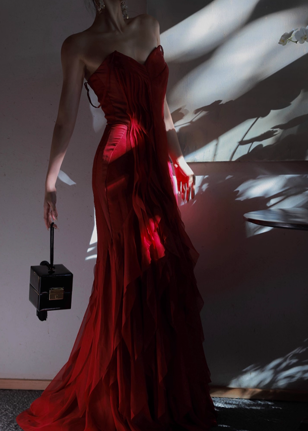 Stunning Burgundy Mermaid Spaghetti Strap Layered Chiffon Prom Dress Party Dress Date Dresses SH4159