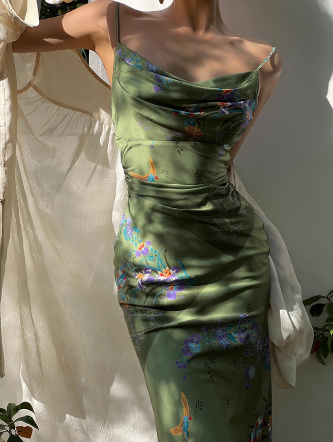 Green Simple Sheath Spaghetti Strap Print Floral Satin Prom Dress Evening Dress Formal Gown SH4046