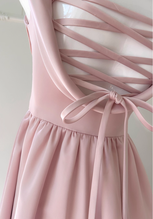 Gentle Pink A Line Straps Pleated Satin Homecoming Dress SH4507