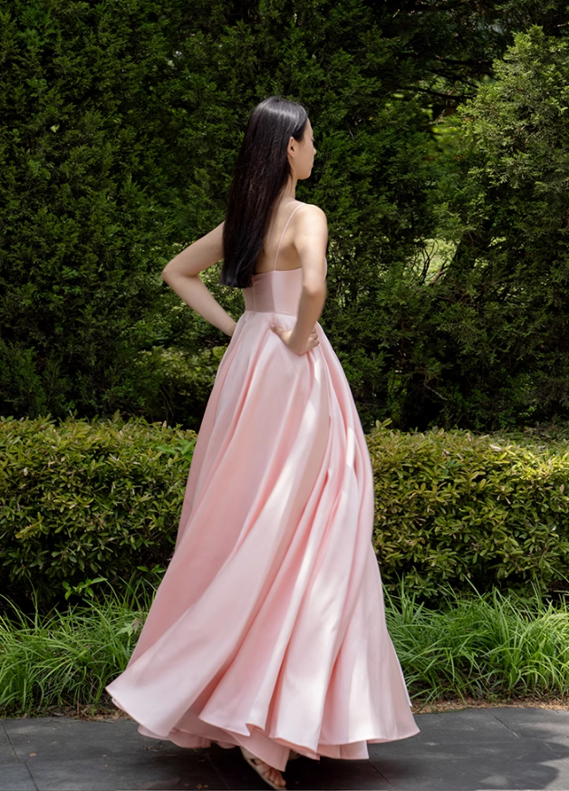 Pink Simple A Line Spaghetti Strap Satin Long Prom Dress 16th Birthday Dress SH4191