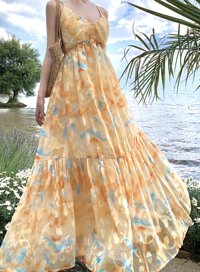 Flowy A Line Spaghetti Strap Floral Yellow Chiffon Prom Dress Vacation Dress SH4138