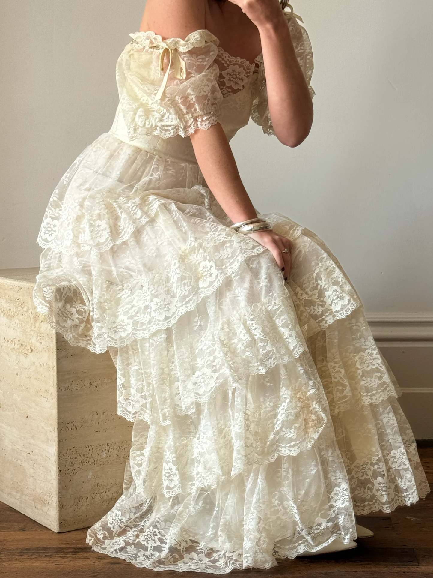 Vintage A Line Puff Layered Beige Lace Long Wedding Dress SH4426
