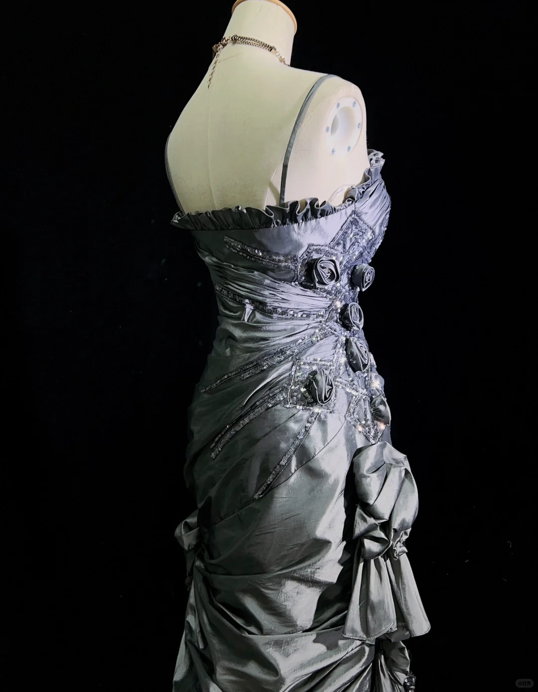 Retro Mermaid Spaghetti Strap Flower Grey Satin Prom Dress Evening Dress SH3326