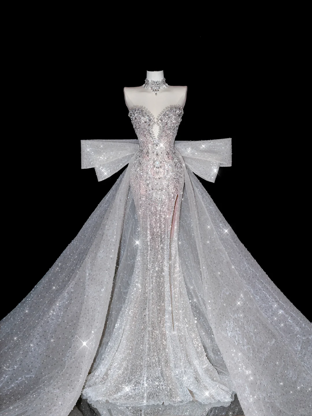 Exquisite Dreamy Mermaid Beaded Pearl Sequin White Tulle Prom Dress Party Dress with Slit SH3492