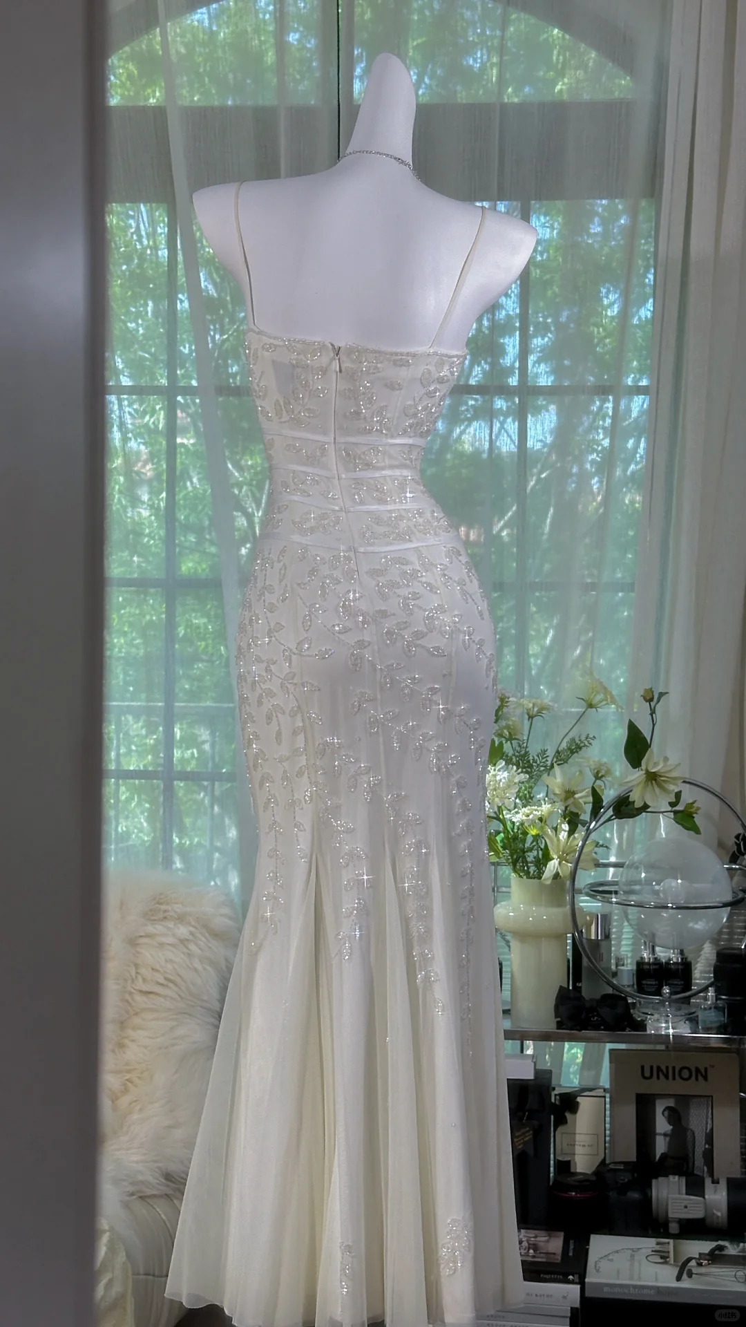 Gentle Mermaid Spaghetti Strap Beaded White Chiffon Long Prom Dress Evening Dress SH2984