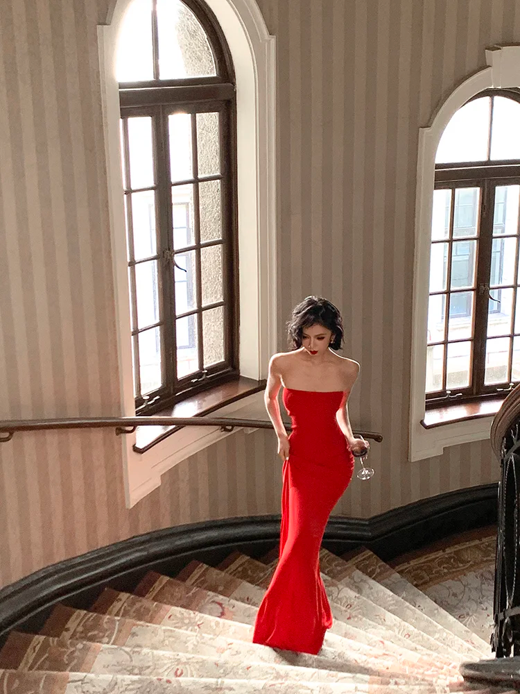 Charming Burgundy Mermaid Strapless Satin Long Prom Dress Vacation Dress SH4320