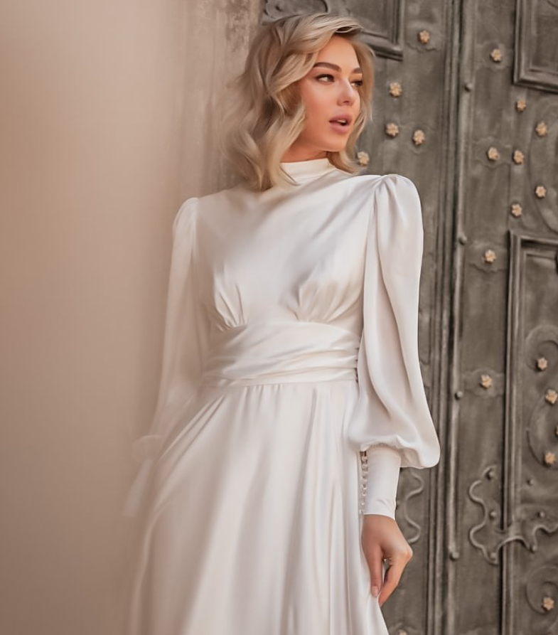 Simple A Line Long Sleeve White Satin Wedding Dress SH6027