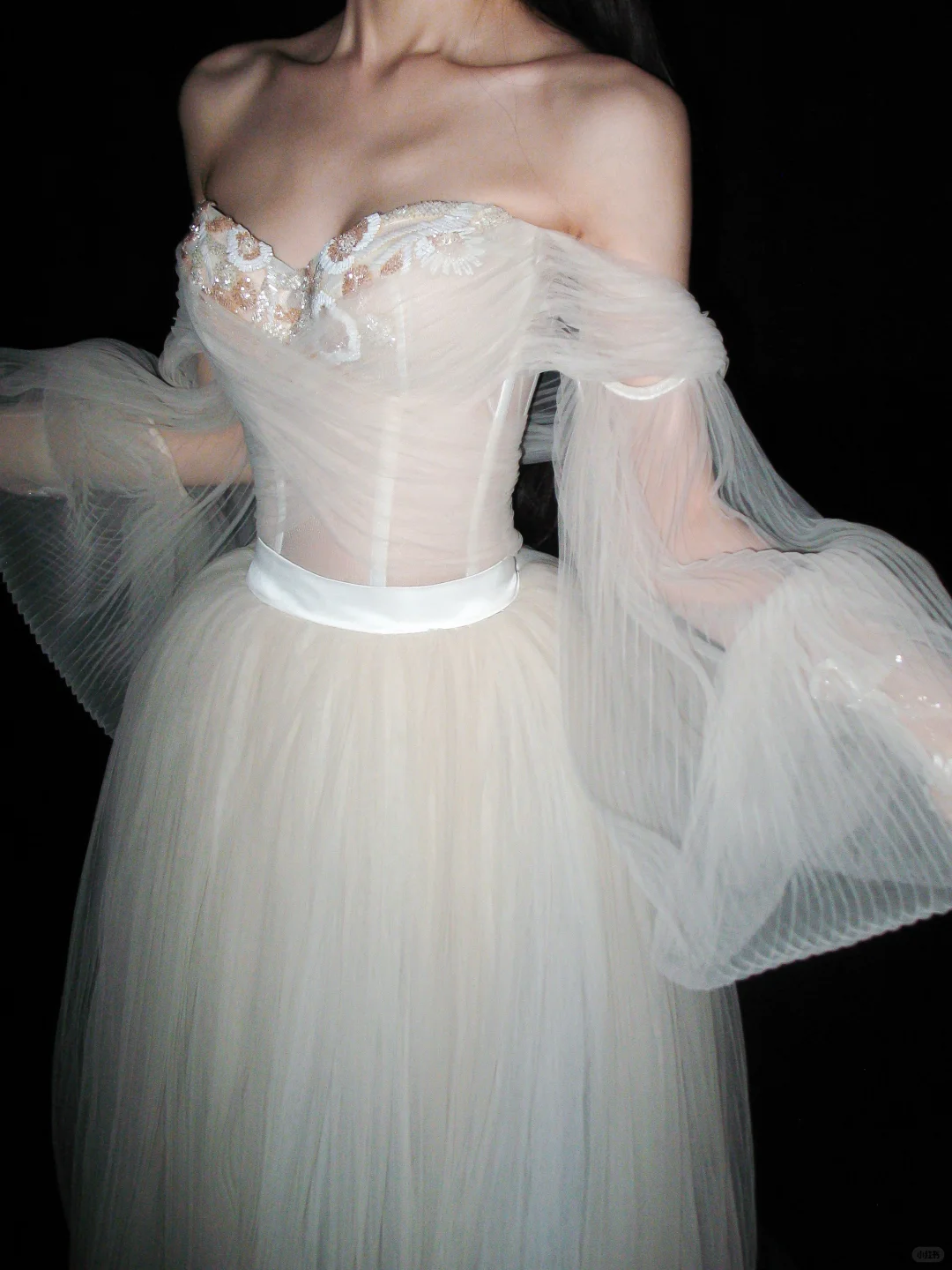 Dreamy A Line Long Sleeve Beaded Tulle Long Prom Dress Wedding Dress SH6611