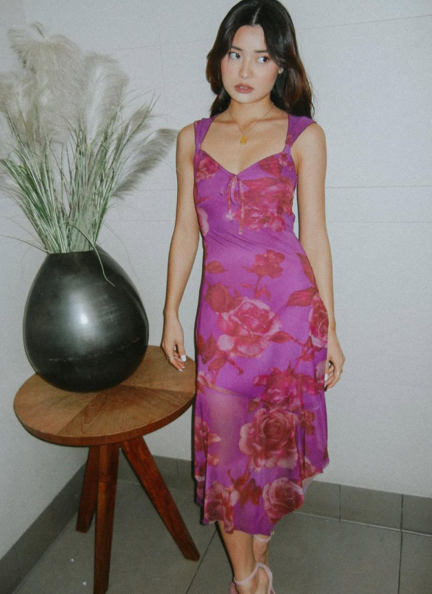Pretty Purple A Line Straps Print Floral Chiffon Party Dress Date Dress Outfits SH3966