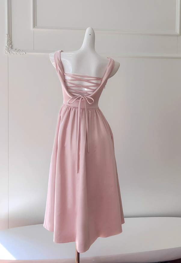 Gentle Pink A Line Straps Pleated Satin Homecoming Dress SH4507