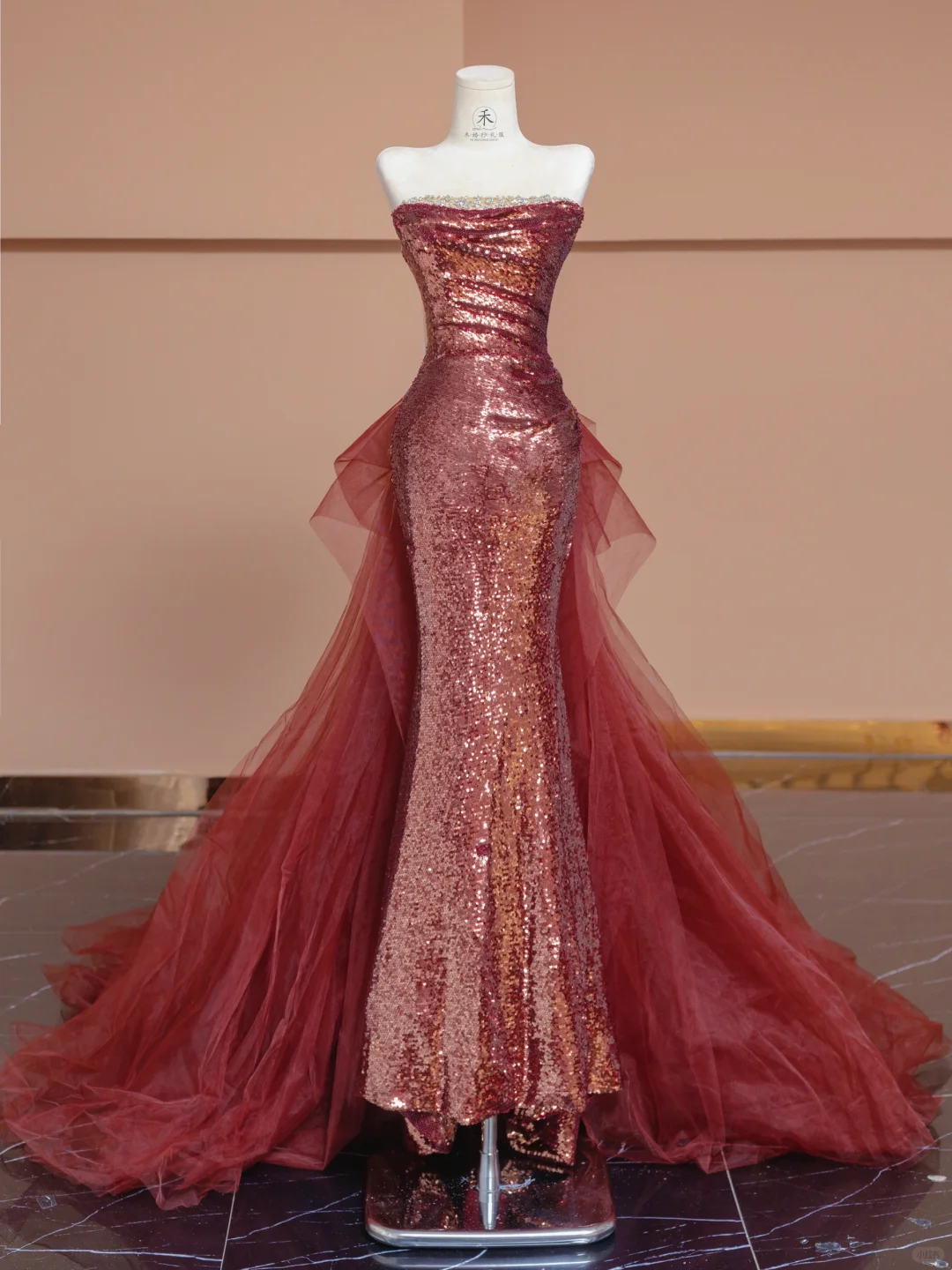 Shiny Mermaid Strapless Red Sequin Tulle Long Prom Dress Party Dress SH4366