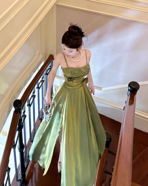 Green A Line Straps Floral Satin Prom Dress Evening Dress Formal Dress SH4086