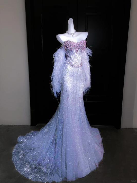 Exquisite Beaded Silver Sequin Mermaid Feather Tulle Date Dress Evening Dress Prom Dress SH3439