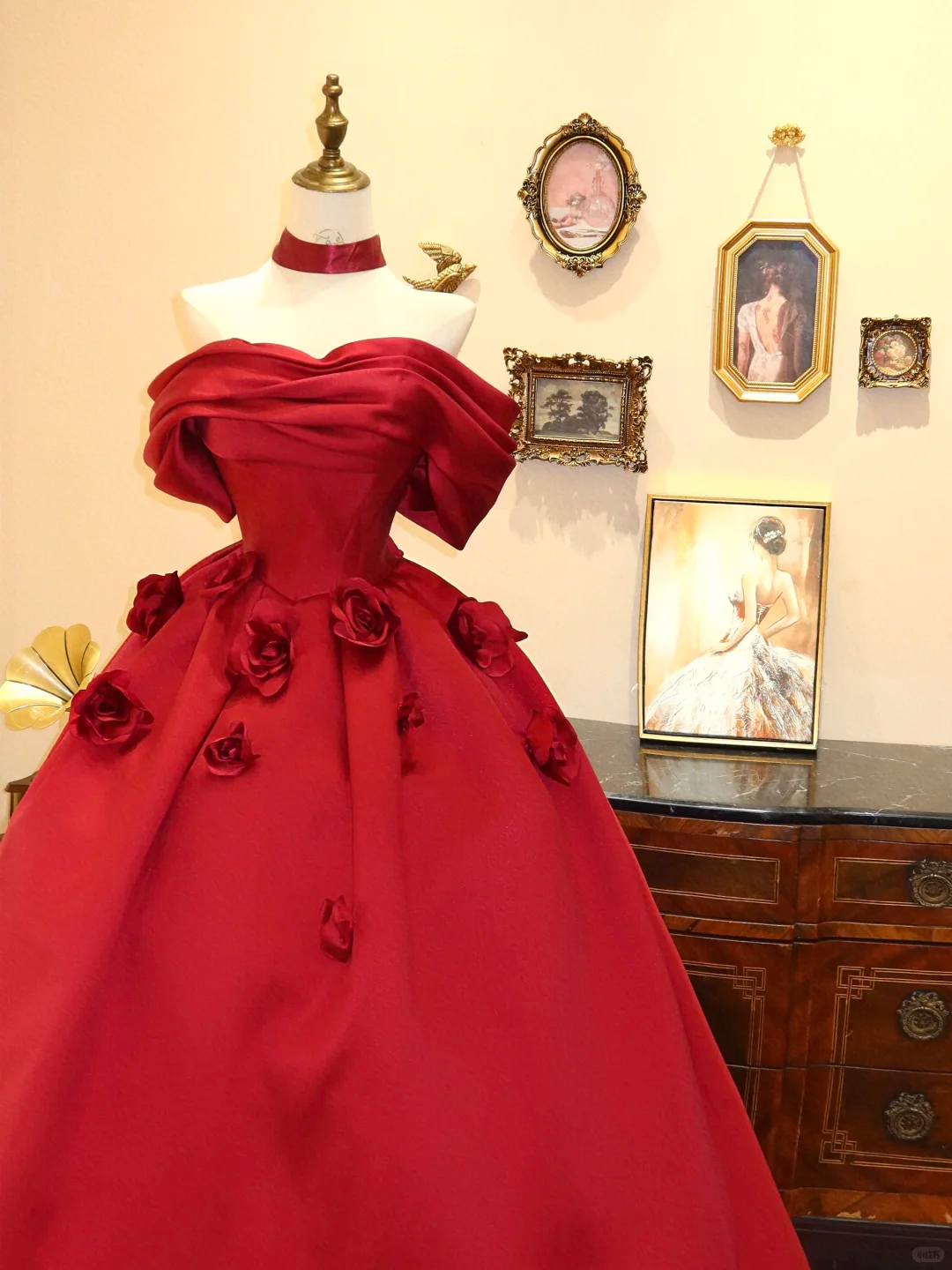 Red Ball Gown Off the Shoulder Floral Satin Prom Dress Evening Dress SH7374