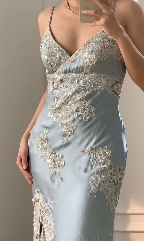 Vintage Sheath Spaghetti Strap Lace Baby Blue Satin Party Dress Evening Dress with Slit SH3346