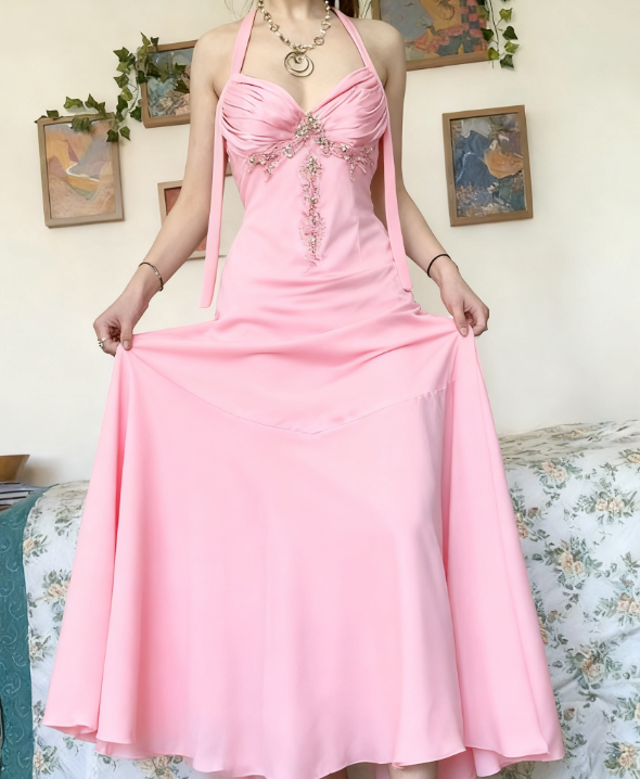 Vintage Halter V Neck  Beaded Appliques 90s Prom Dress Mermaid Evening Dress SH1132