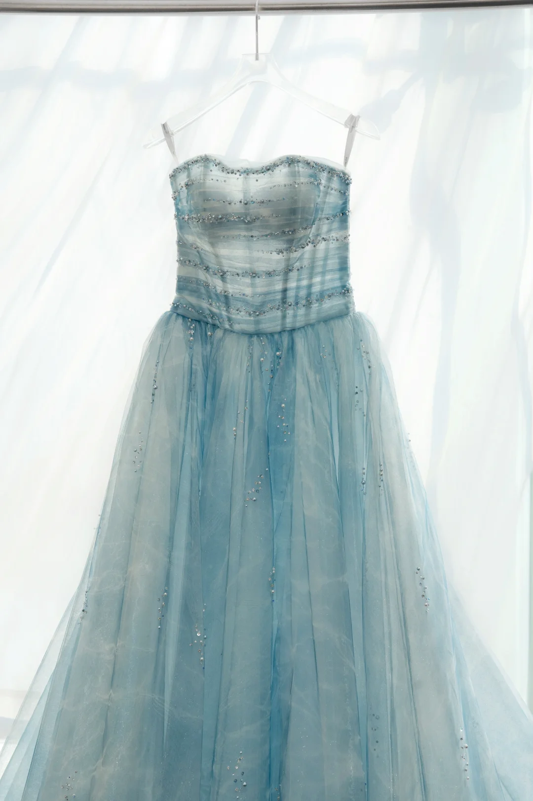 Gorgeous A Line Strapless Beaded Blue Tulle Long Party Dress Evening Dress SH2812