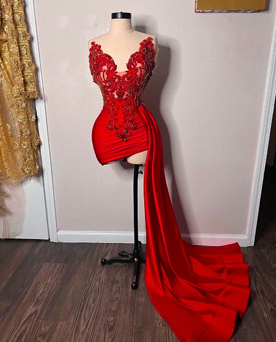 Red Beaded Appliques With Train Prom Dresses,Sweetheart Mini Cocktail Evening Dress SH797