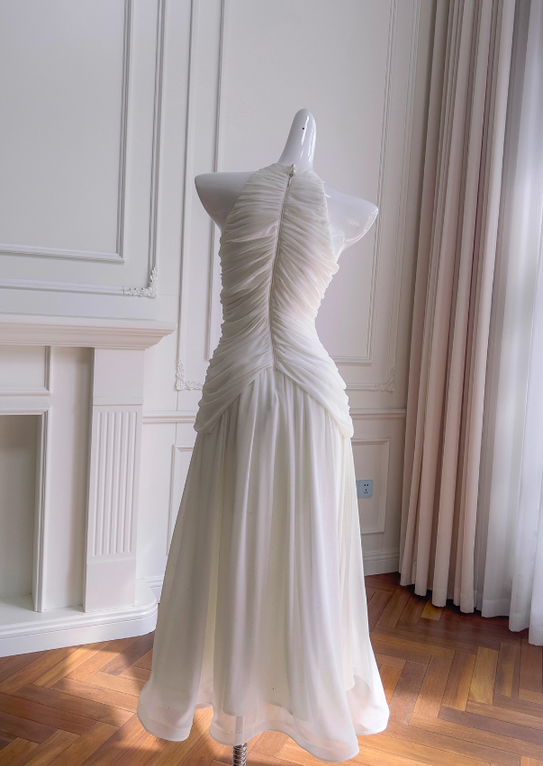 Elegant White A Line Halter Pearl Pleated Chiffon Prom Dress Vacation Dress SH4503