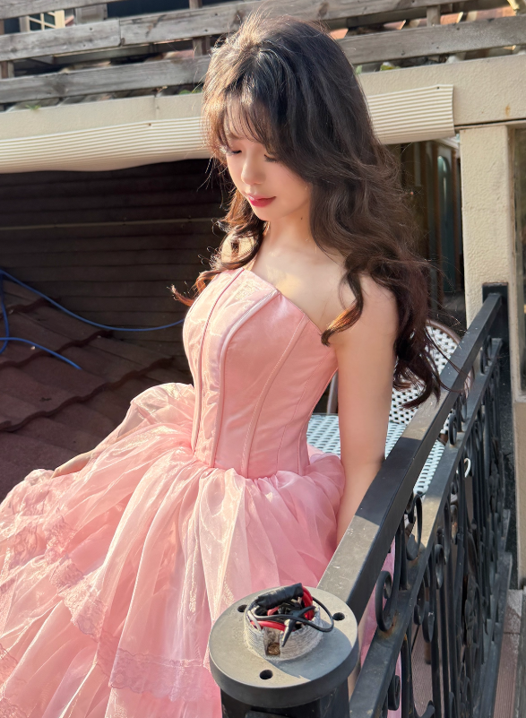 Pink Ball Gown Strapless Corset Layered Organza Prom Dress 16th Birthday Dress SH4088