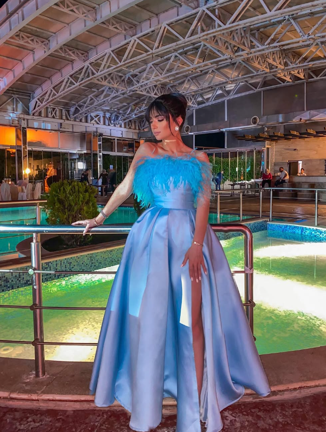 Blue A Line Strapless Feather Satin Prom Dress Evening Dress with Slit SH2043 Blue A Line Strapless Feather Satin Prom Dress Evening Dress with Slit SH2043