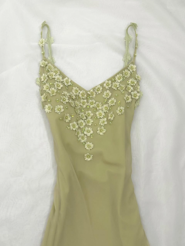 Bean Green Floral A Line Spaghetti Strap Beaded Layered Chiffon Homecoming Dress Party Dress SH3568