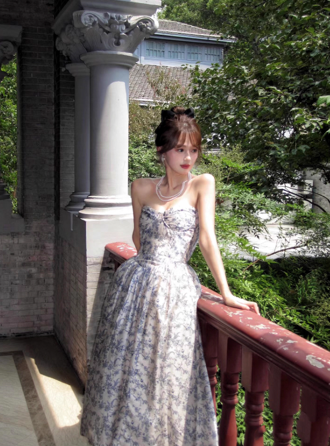 Blue A Line Sweetheart Neck Print Floral Satin Prom Dress 16th Birthday Dress SH3984
