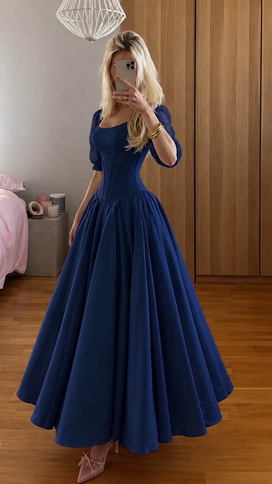 Navy Blue A Line Long Sleeve Prom Dress Evening Dress SH8514