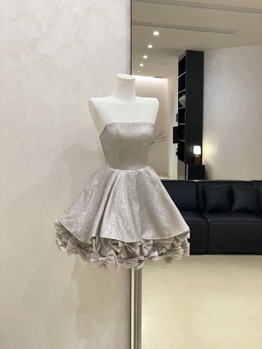 Silver A Line Strapless Sequin Homecoming Dress Cocktail Dress with Bow SH3410
