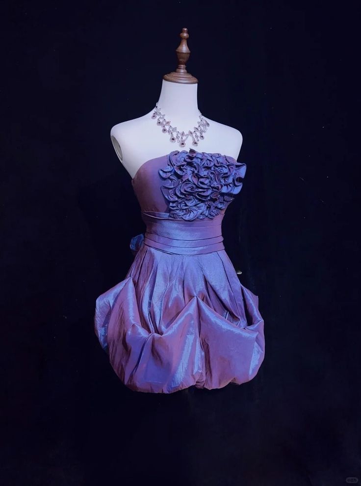 Vintage A Line Strapless Flower Purple Satin Mini Homecoming Dress Cocktail Dress SH3313