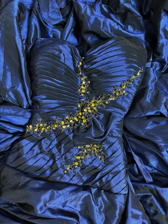 Vintage Navy Blue A Line Sweetheart Neck Beaded Pleated Satin Prom Dress Evening Dress SH5664