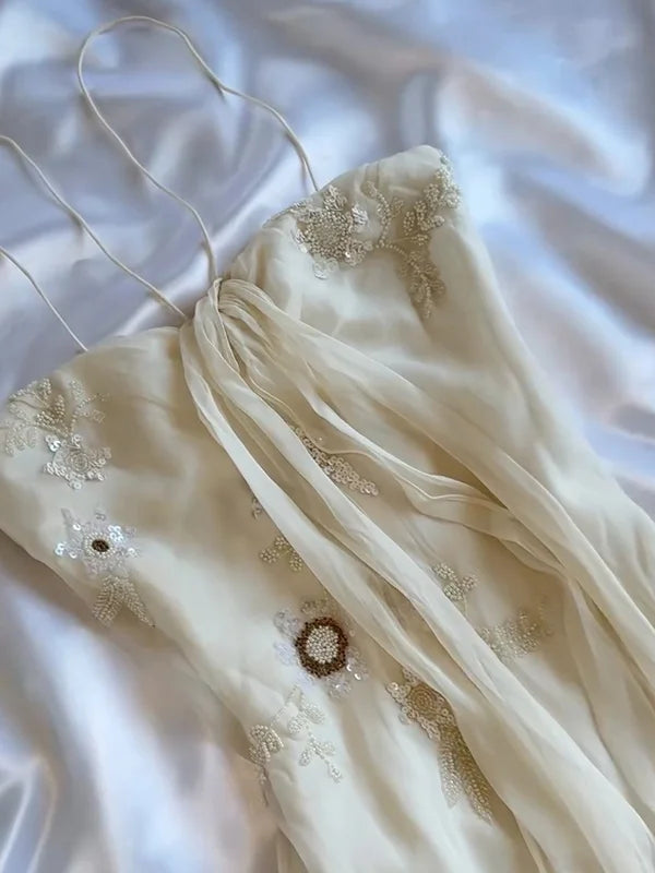 Elegant A Line Spaghetti Strap Beaded Ivory Chiffon Prom Dress Evening Dress SH2166