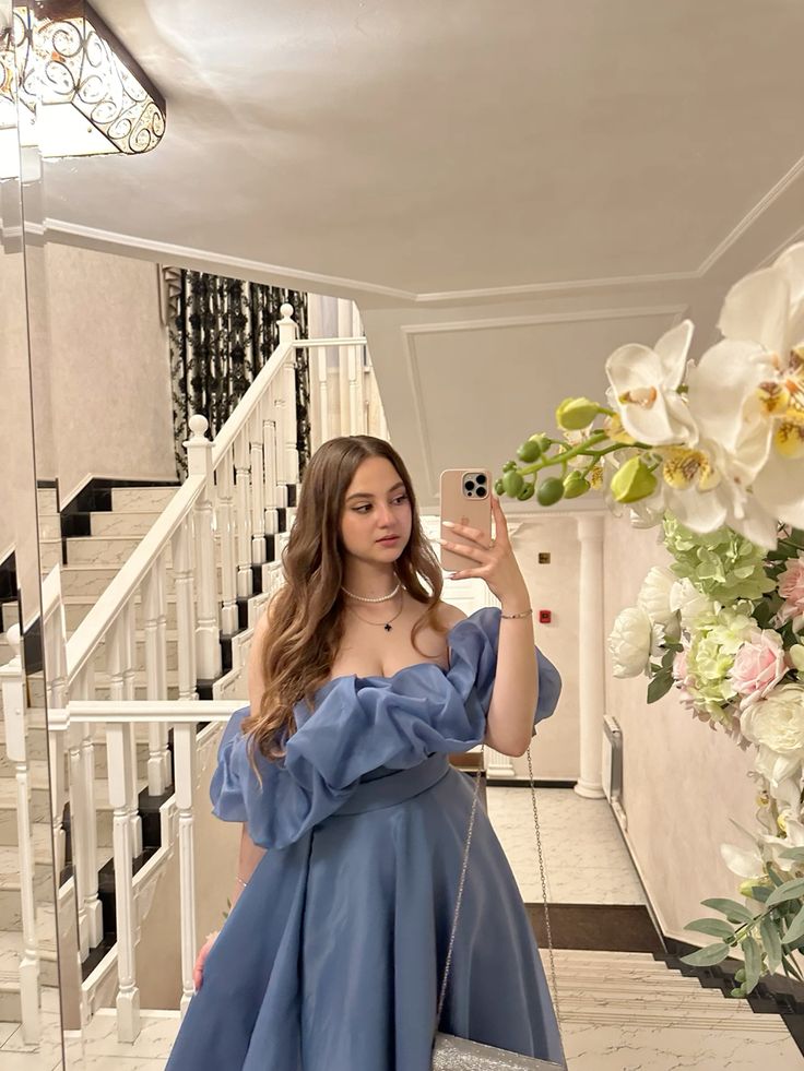 Princess Blue A Line Off the Shoulder Organza Prom Dress 16th Birthday Dress Date Dress with Slit SH3991
