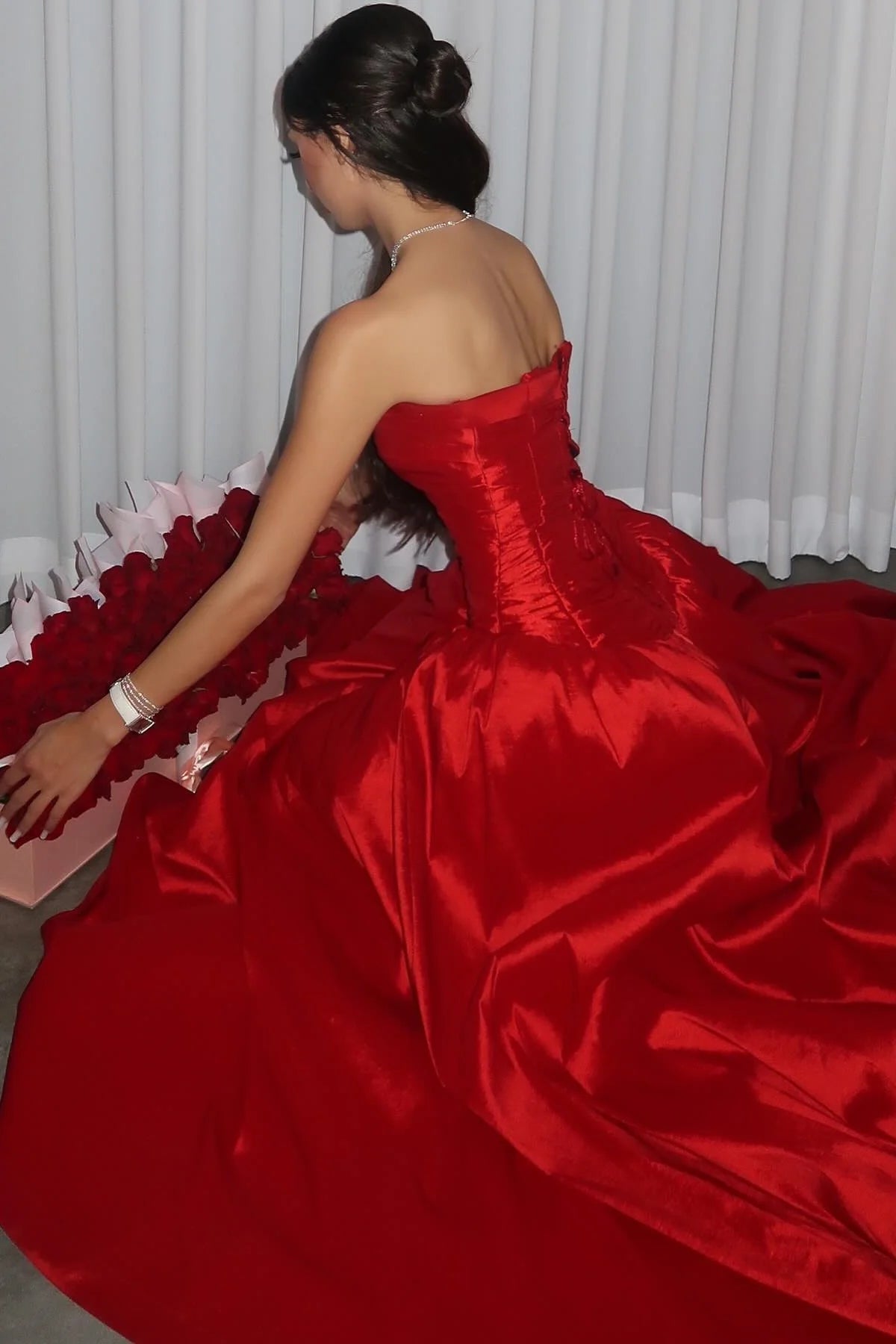Charming A Line Strapless Red Satin Long Prom Dress Evening Dress SH2080