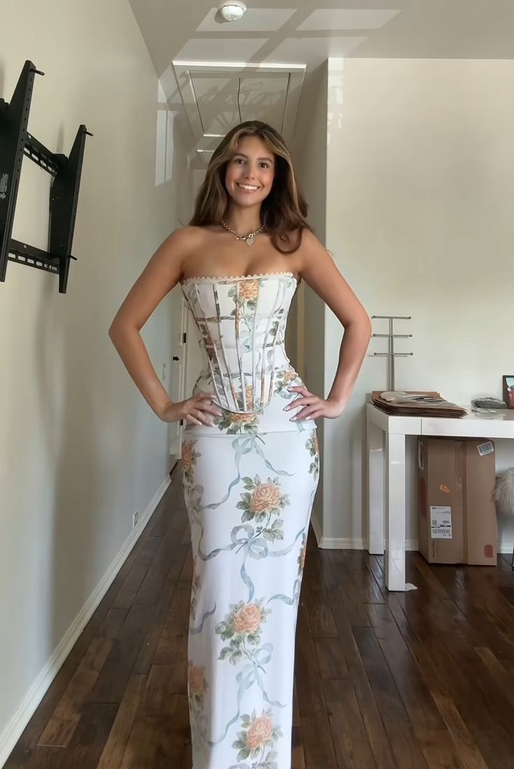 Two Piece Sheath Strapless Corset Print White Satin Long Prom Dress Evening Dress SH7579