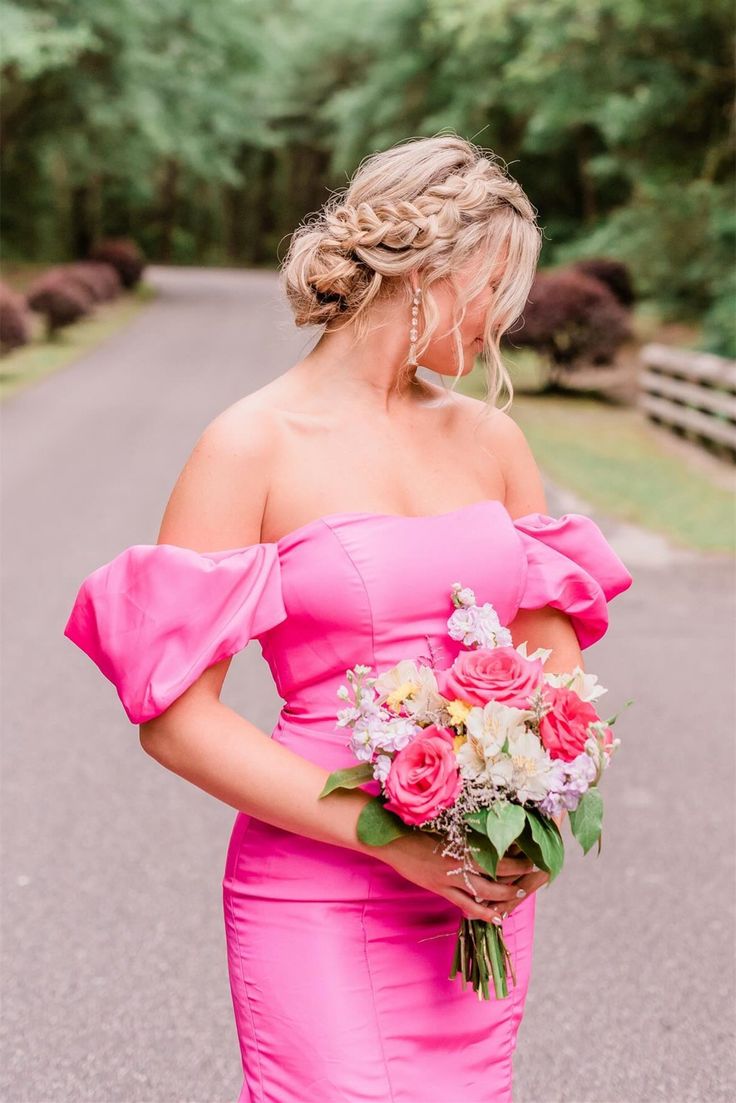 Elegant Mermaid Off-the-shoulder Hot Pink Satin Prom Dresses SH1748