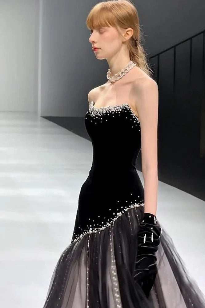 Stunning Mermaid Strapless Pearls Black Velvet Tulle Long Prom Dress Evening Dress SH7211