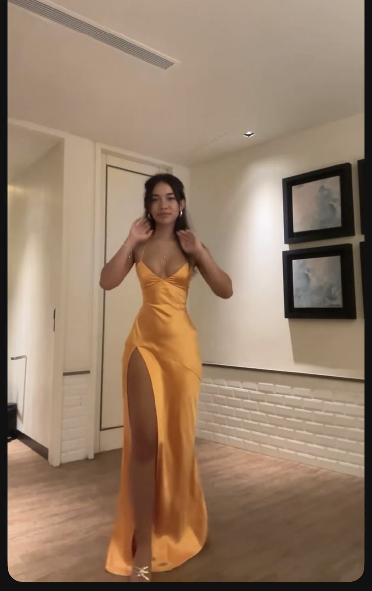 Bright Orange Mermaid Spaghetti Strap Satin Prom Dress Party Dress with Slit SH3998