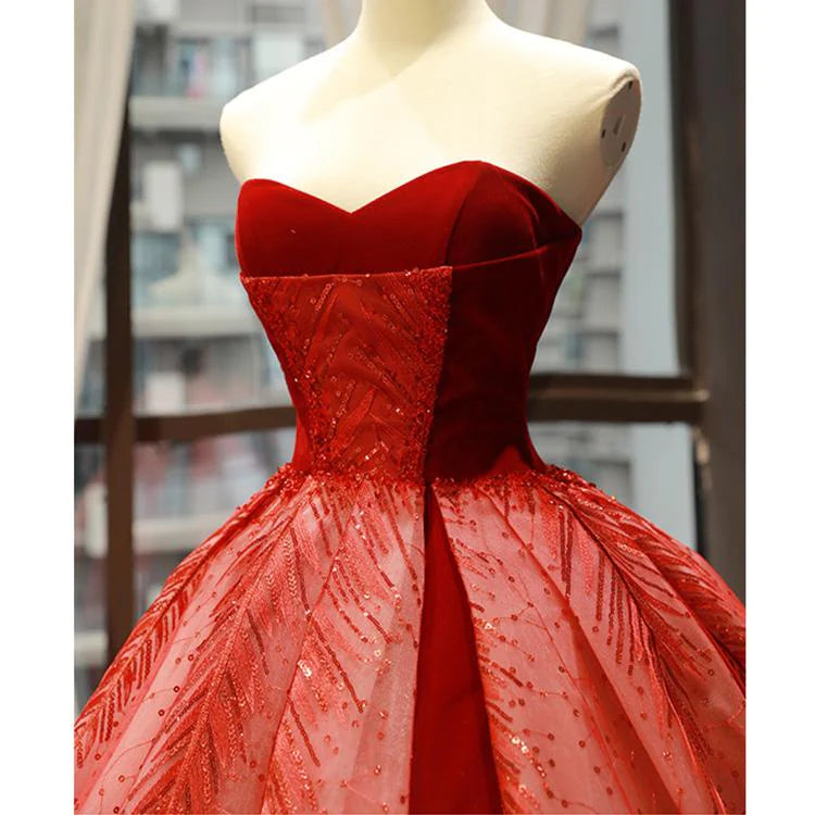 Red A Line Strapless Appliques Sequin Tulle Prom Dresses SH1610