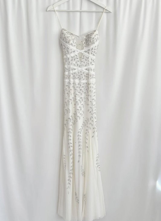 Gentle White Mermaid Spaghetti Straps Appliques Satin Tulle Long Prom Dress Evening Dress SH3545